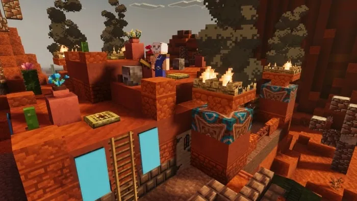 Ancient desert structure with relics and fire.