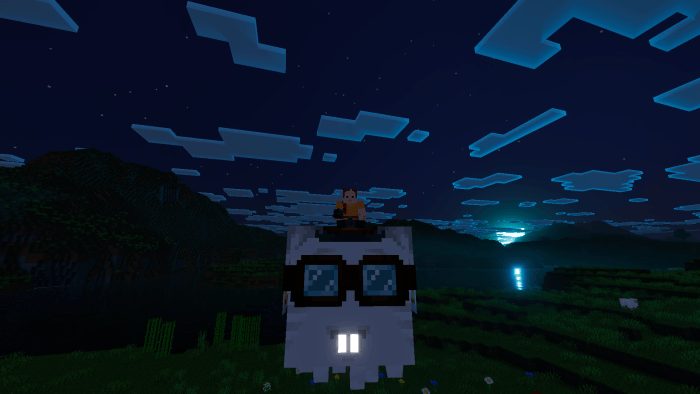 Player riding Nerd Ghast with glowing effects