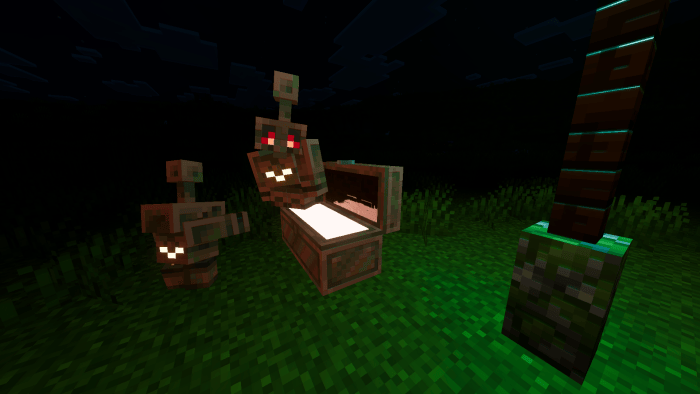 Copper golems and shelf with glowing effects