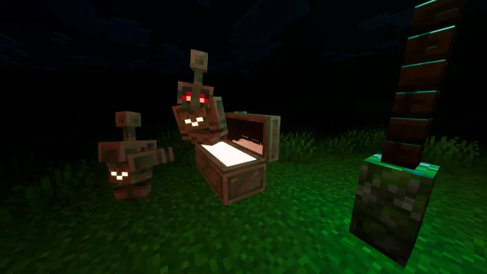 Copper golems and shelf with glowing effects