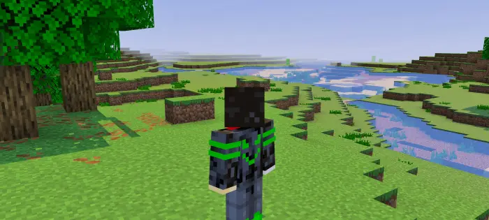 Player stands on grassy terrain by water