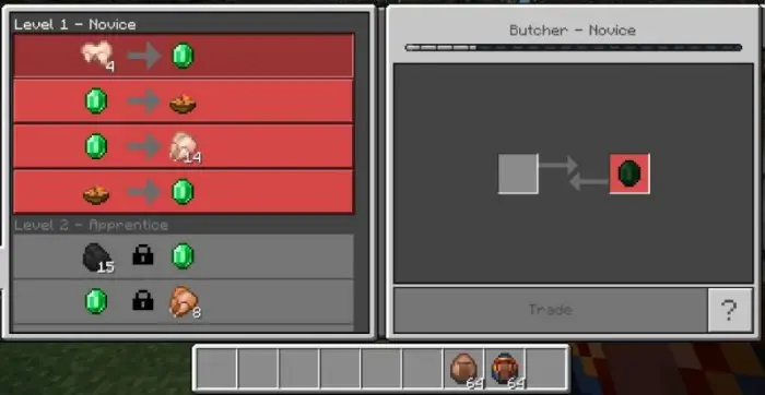 Villager trade menu with reverse trades shown
