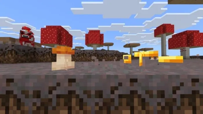 Blocky mushrooms and red cow in a pixel biome