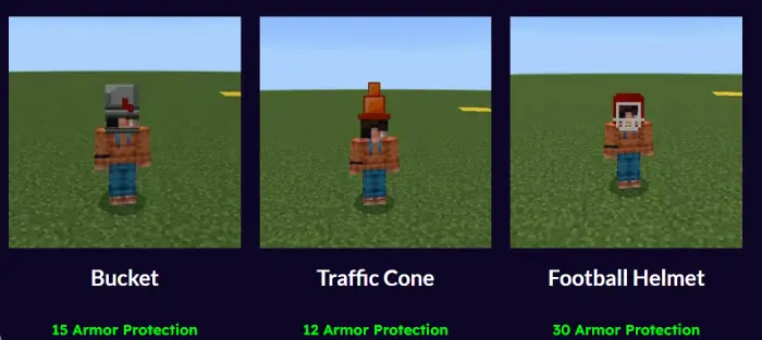 1. Zombie with bucket helmet armor 2. Zombie with traffic cone helmet 3. Zombie with football helmet armor
