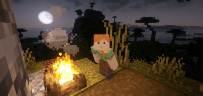 Character warms by a glowing campfire at dusk
