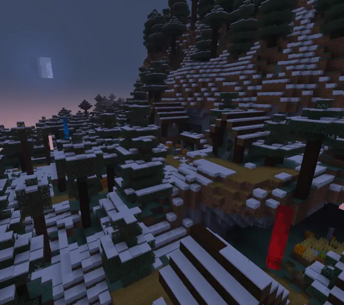 Snowy forest with colorful vertical markers.