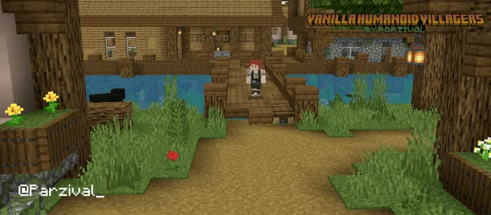 Humanoid villager stands on wooden bridge