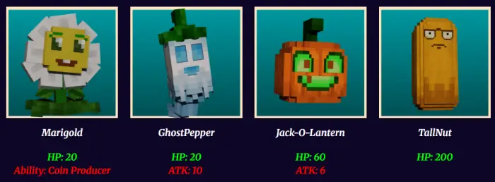 1. Blocky Marigold plant with a smile 2. Pixelated blue GhostPepper character 3. Jack-O-Lantern with green eyes 4. TallNut wi