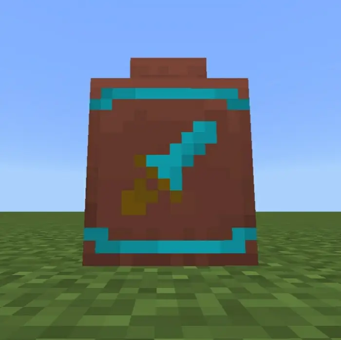 Decorative pot with blue sword design
