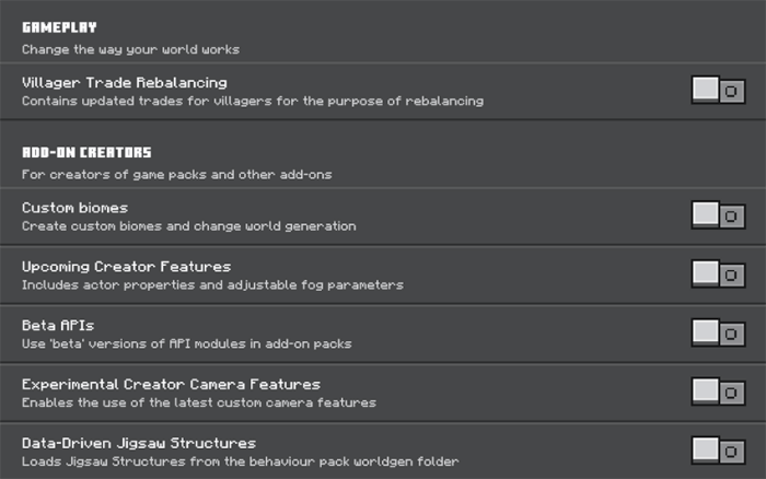 Settings menu with toggles for add-on features