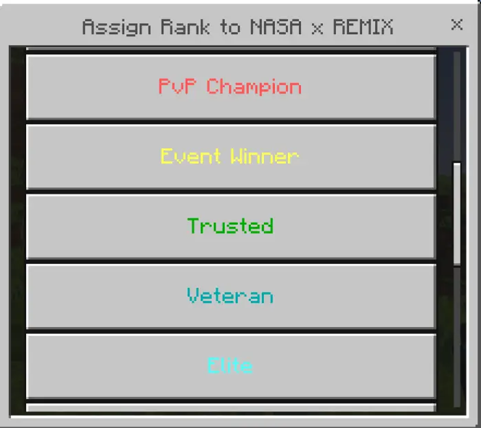 Rank selection menu with colored rank titles.