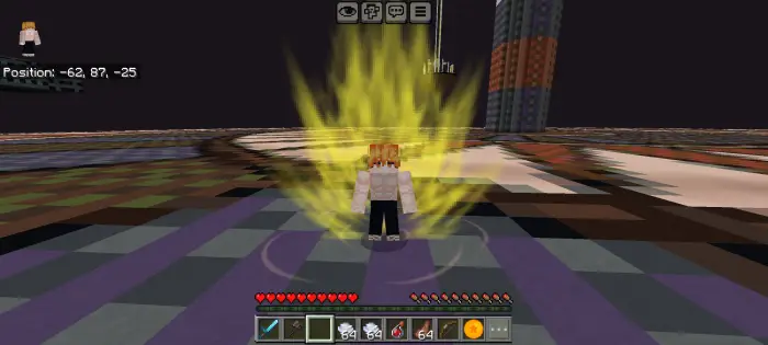 Player with yellow aura stands in battle arena
