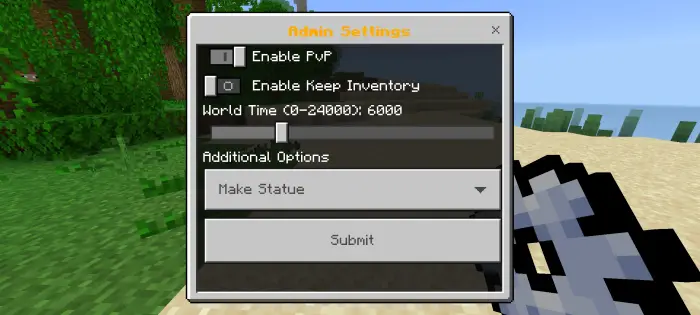 Game admin settings menu with options shown