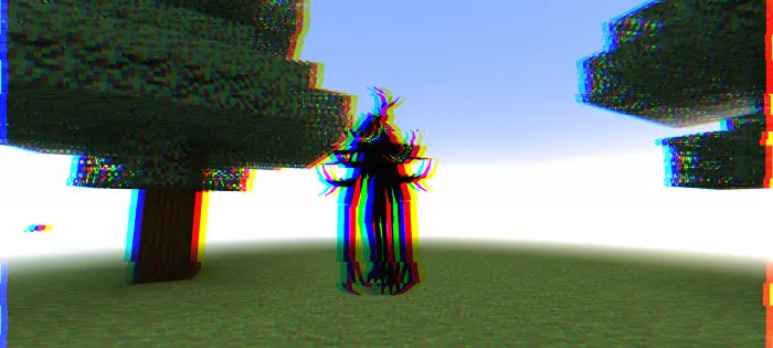 Glitchy shadow creature in a forest clearing
