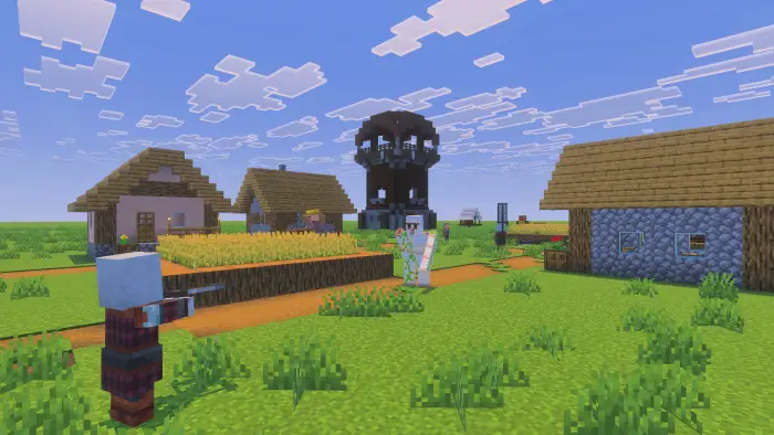 Screenshot showing an instant Plains Village and an instant Pillager Outpost.