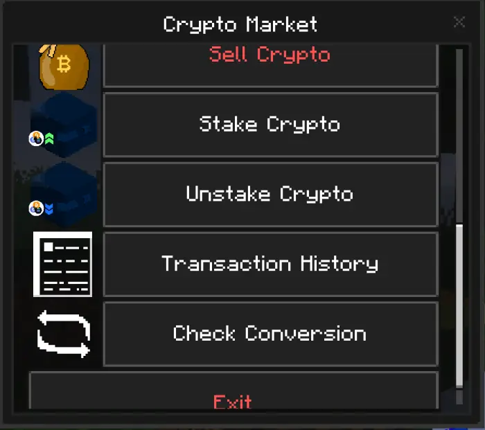 Crypto market menu with trading options