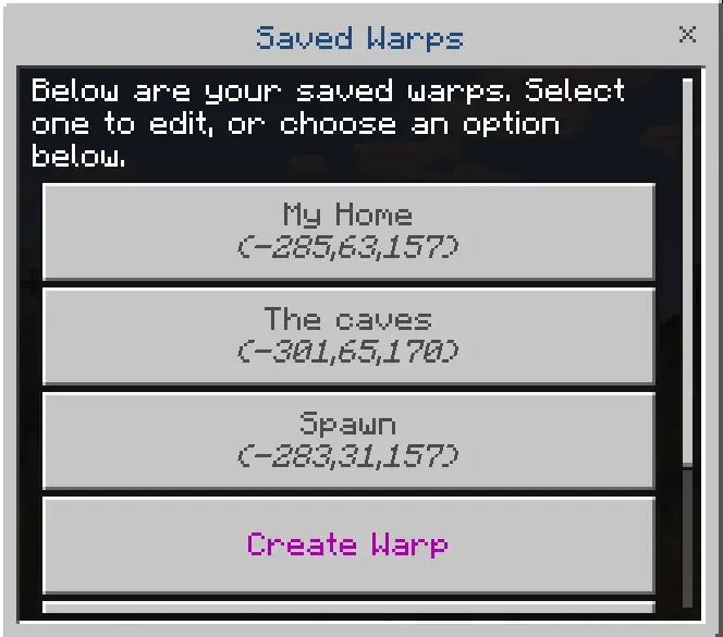 Warp menu showing saved locations and options