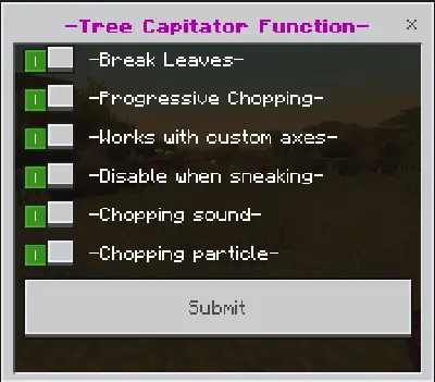 Addon options menu with toggle switches