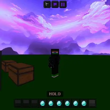 Player stands near chests under a vibrant sky