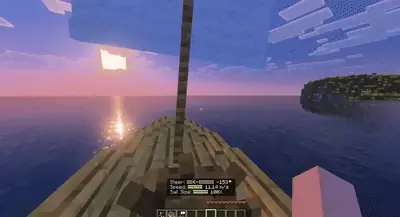Player steering a custom sailboat at sunset