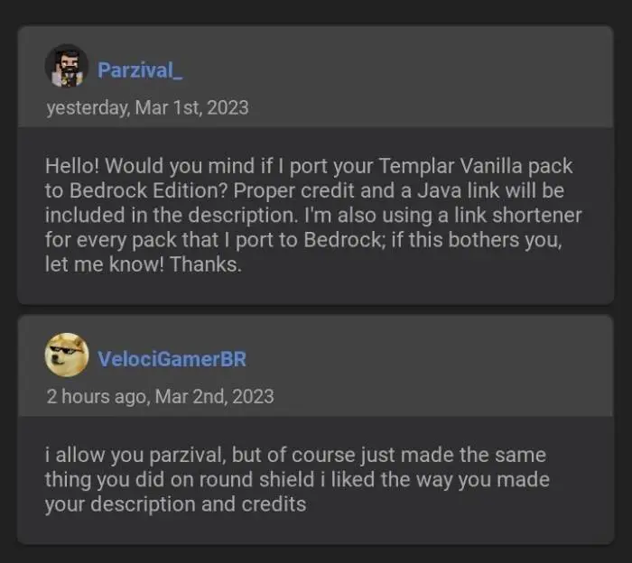 Two users discuss porting a Templar texture pack.