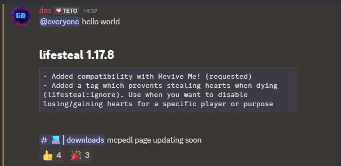 Discord update post for Lifesteal 1.17.8 mod.