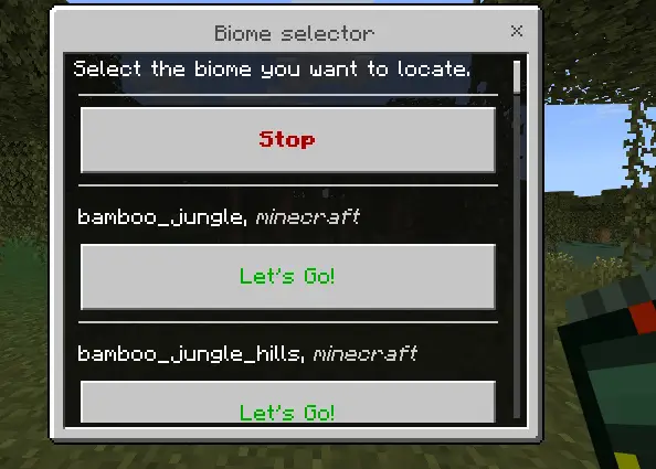Biome locator menu with search options