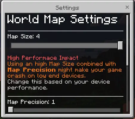 Settings menu for world map size and precision