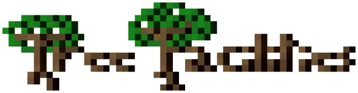 Pixel art logo with trees and blocky text