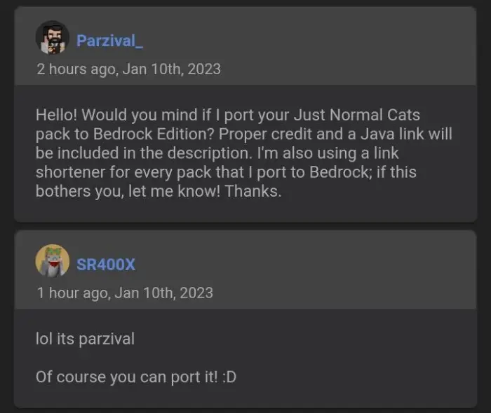 ALT Two users discuss porting a cat texture pack.
