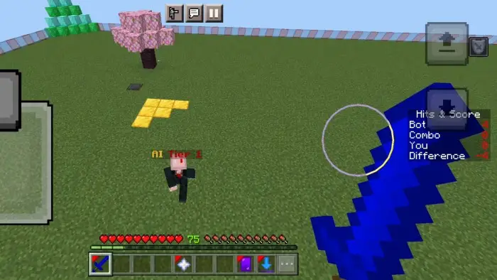 Player faces AI bot on a grassy practice arena