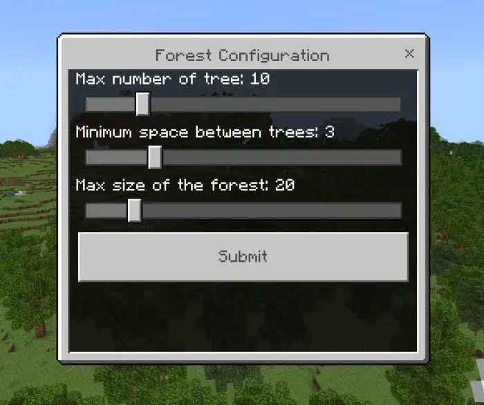 Forest settings menu with sliders and submit button