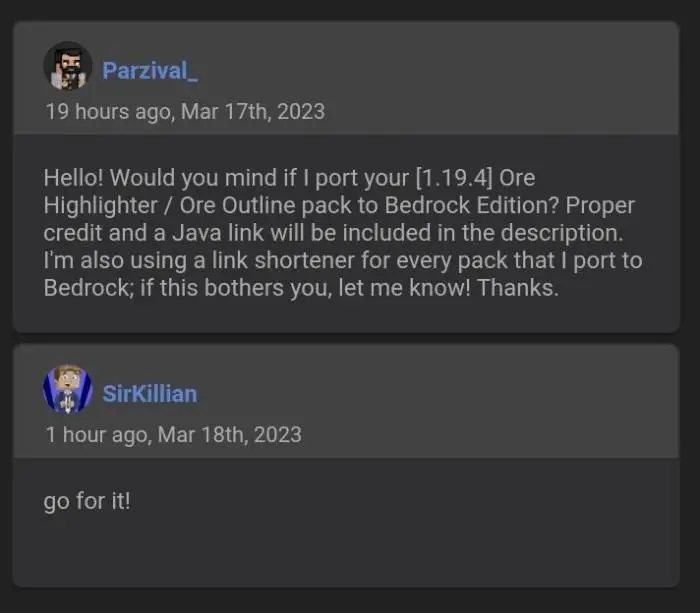 Two users discuss permission to port a texture pack.