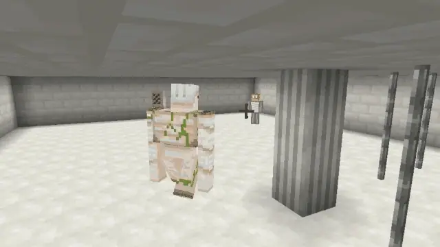 Iron golems roam a stark, empty bunker.