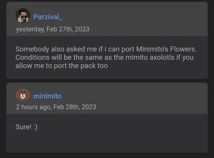 Two users discuss porting a flower pack.