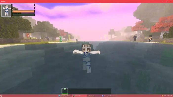 Character with custom animation swims in river