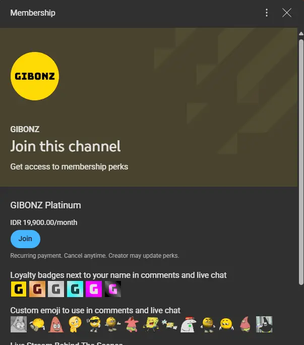 Channel membership perks and custom emojis shown.