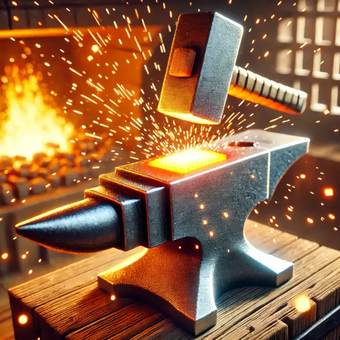 Hammer striking hot metal on anvil, sparks fly