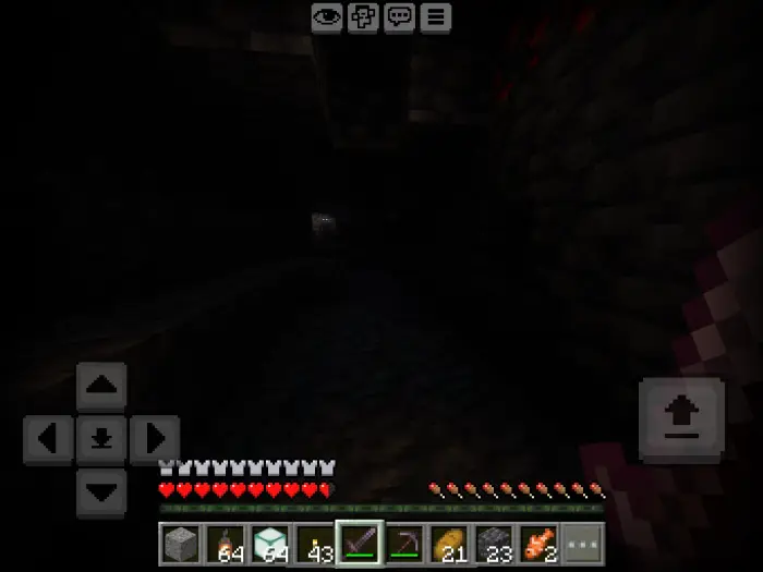 Dark cave corridor with eerie glowing eyes ahead.