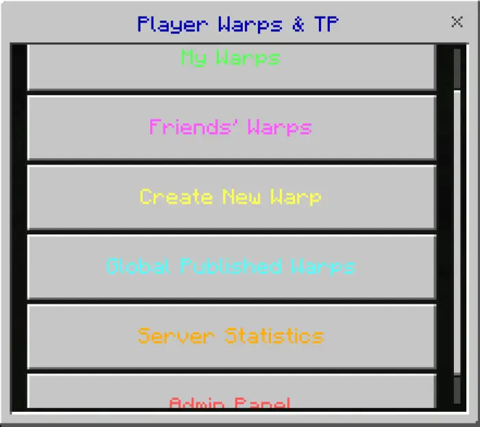 Menu for creating and managing player warps.