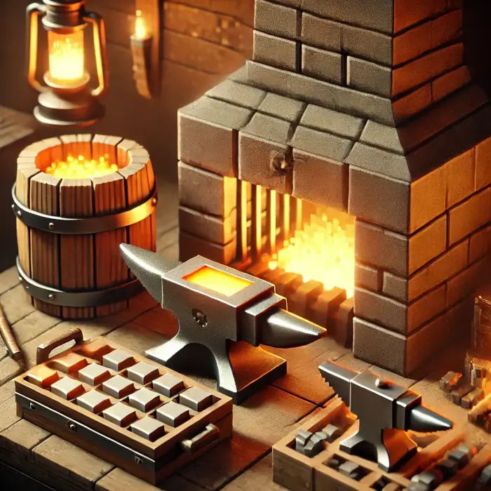 Anvil, forge, and tools in a blacksmith shop