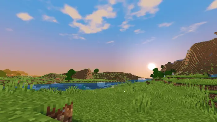 Vibrant grassy landscape with sunset sky