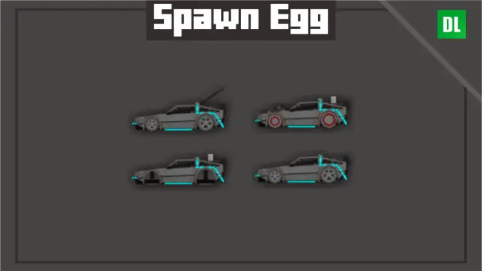 Four DeLorean car variants pixel art