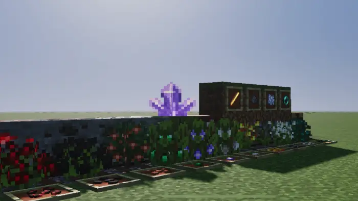 Ore-themed crops and items on grassy ground.