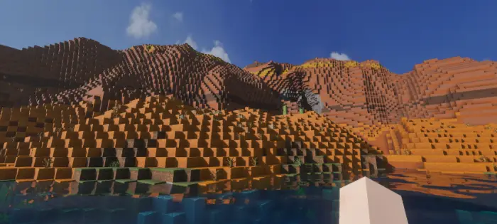 Blocky canyon landscape with vivid water effects