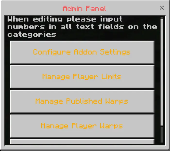 Admin panel with warp and addon options.
