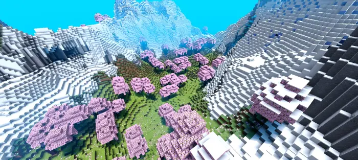 Cherry blossom forest in snowy mountain valley