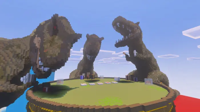 Dinosaur statues surround a poker arena.