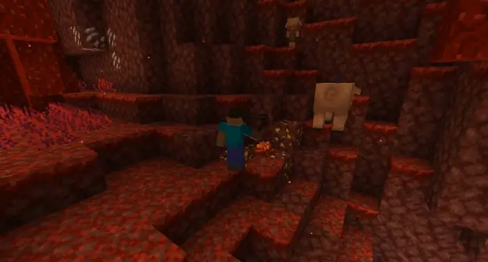 Player mining ore in a red cavern biome