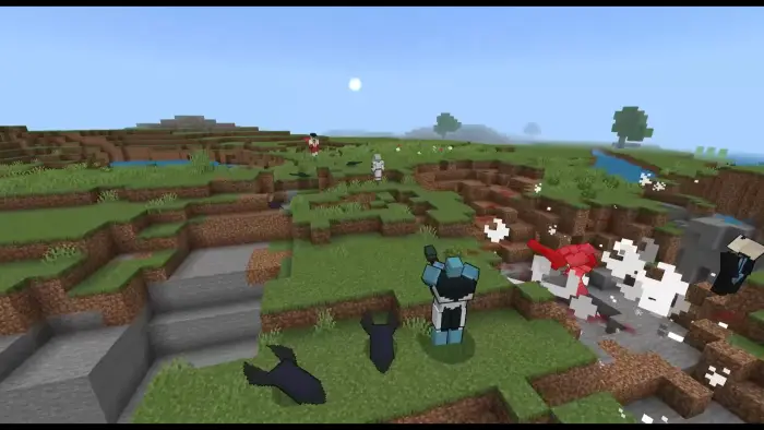 Superpowered characters battling on grassy terrain